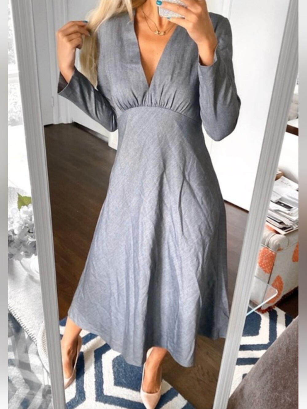Zara Herringbone A-Line Long Sleeve Midi Dress in Grey